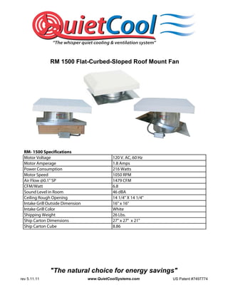 RM 1500 Flat-Curbed-Sloped Roof Mount Fan




  RM- 1500 Specifications
  Motor Voltage                               120 V. AC, 60 Hz
  Motor Amperage                              1.8 Amps
  Power Consumption                           216 Watts
  Motor Speed                                 1050 RPM
  Air Flow @0.1" SP                           1479 CFM
  CFM/Watt                                    6.8
  Sound Level in Room                         46 dBA
  Ceiling Rough Opening                       14 1/4" X 14 1/4"
  Intake Grill Outside Dimension              16" x 16"
  Intake Grill Color                          White
  Shipping Weight                             26 Lbs.
  Ship Carton Dimensions                      27" x 27" x 21"
  Ship Carton Cube                            8.86




               "The natural choice for energy savings"
rev 5.11.11                        www.QuietCoolSystems.com       US Patent #7497774
 
