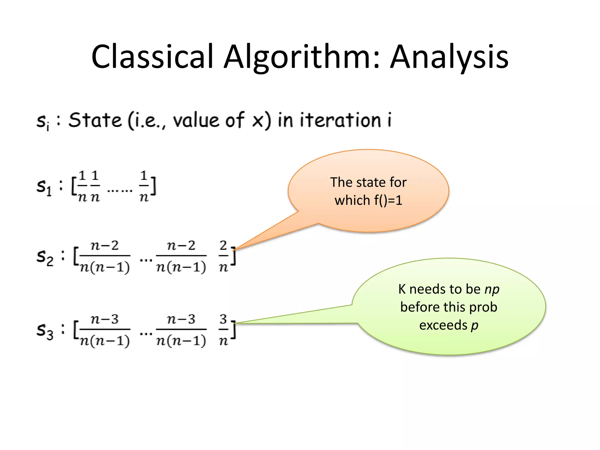 Classical Algorithm: Analysis


                The state for
                 which f()=1




                           K needs to be np
                           before this prob
                              exceeds p
 