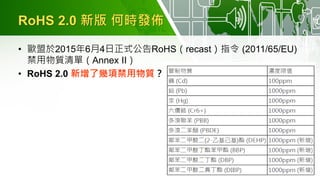 RoHS 2.0 新版 何時發佈
• 歐盟於2015年6月4日正式公告RoHS（recast）指令 (2011/65/EU)
禁用物質清單（Annex II）
• RoHS 2.0 新增了幾項禁用物質？
 