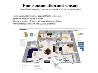 Home automation and sensors
         Quantify Self meetup, Combinat56, Munich 2012.05.10 by Janis Alnis


• Home automation becomes popular thanks to Internet.
• Below my mentors house in Zurich.
• Webcam, control of lights , window jalousie via iPhone.
• Professional systems KNX and X10 are expensive.
 