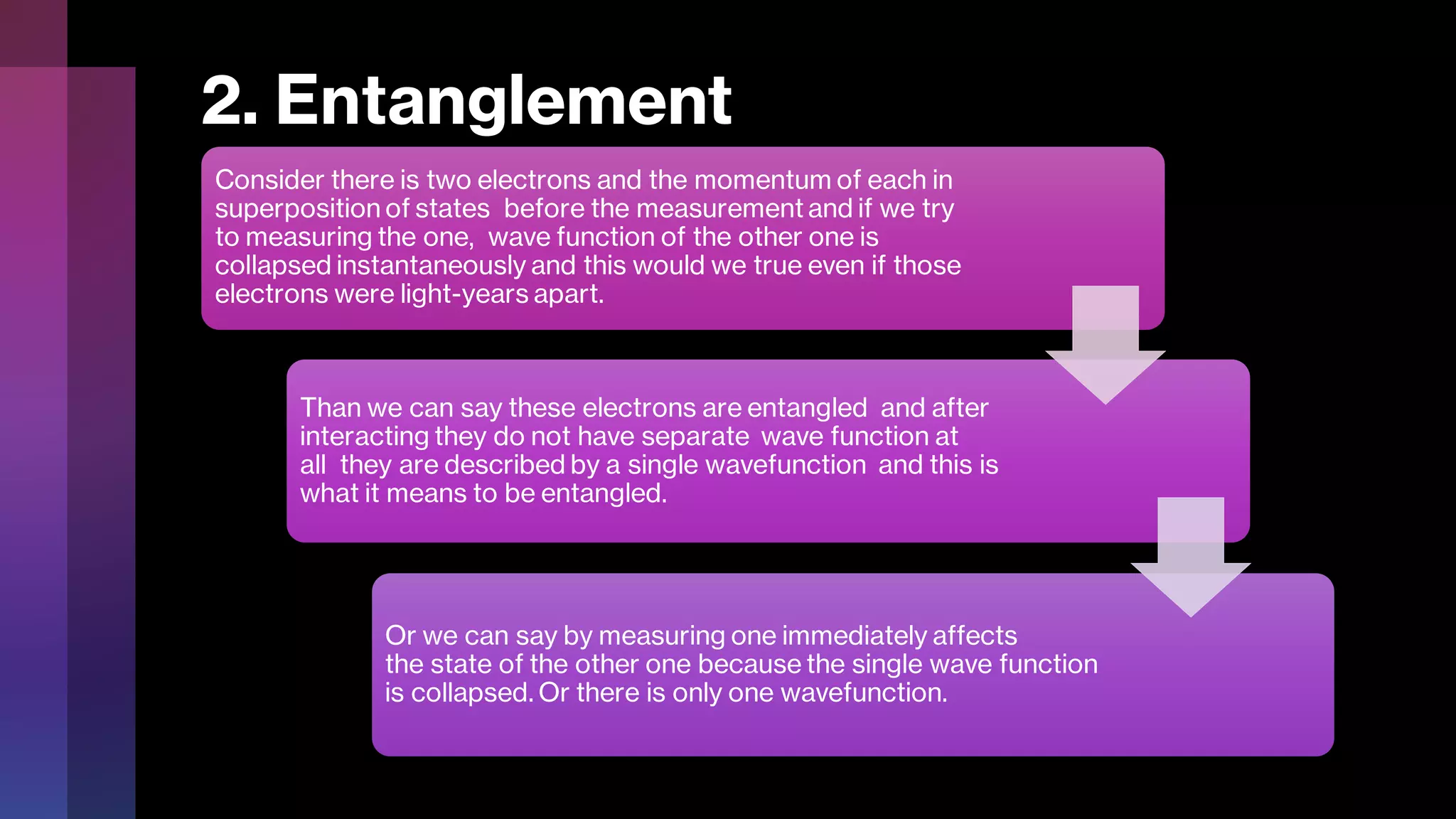 2. Entanglement
Consider there is two electrons and the momentum of each in
superposition of states before the measurement and if we try
to measuring the one, wave function of the other one is
collapsed instantaneously and this would we true even if those
electrons were light-years apart.
Than we can say these electrons are entangled and after
interacting they do not have separate wave function at
all they are described by a single wavefunction and this is
what it means to be entangled.
Or we can say by measuring one immediately affects
the state of the other one because the single wave function
is collapsed. Or there is only one wavefunction.
 
