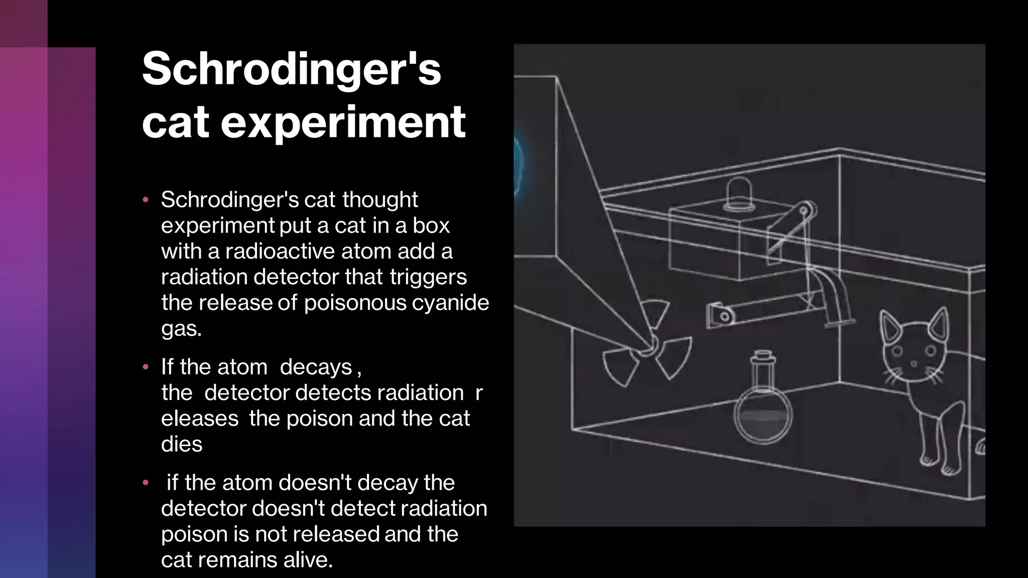 Schrodinger's
cat experiment
• Schrodinger's cat thought
experiment put a cat in a box
with a radioactive atom add a
radiation detector that triggers
the release of poisonous cyanide
gas.
• If the atom decays ,
the detector detects radiation r
eleases the poison and the cat
dies
• if the atom doesn't decay the
detector doesn't detect radiation
poison is not released and the
cat remains alive.
 