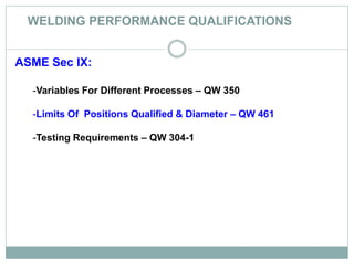 WELDING PERFORMANCE QUALIFICATIONS
ASME Sec IX:
-Variables For Different Processes – QW 350
-Limits Of Positions Qualified & Diameter – QW 461
-Testing Requirements – QW 304-1
 