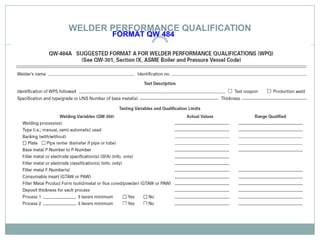 WELDER PERFORMANCE QUALIFICATION
FORMAT QW 484
 