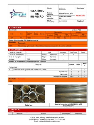 RELATÓRIO
DE
INSPEÇÃO
Cliente:
MICHAEL
Conclusão
Data da
inspeção
26 de fevereiro, 2014
RECUSADO
No. da
inspeção:
CLINK-INS-PIPES-
0001
No. do
formulário:
CLINK-83579 Pág 2 de 7
A1901, Jialin Haoting, ShenNan Avenue, Futian
SHENZHEN - CHINA - phone: 0086 755 8326-2548
Email: contato@chinalinktrading.com
A. QUANTIDADE
Quantidade Unidade: PCS
P.O. Item
Pedido
Qnt.
Qnt. /
Caixa
Caixas
Mercadoria Amostra
Embalado
Não
embalado
Não
acabado
Embalado
Não
embalado
N/A N/A 100% - - 30% 70% 0%
Caixas Selecionadas : 100% da mercadoria
Resultado
:
Reprovado
OBS.: Tubos de aço galvanizado - Material Incorreto e espessuras fora do padrão solicitado
B. ACABAMENTO @
Padrão de inspeção - AQL Accepted Total Found Result
Critério de amostragem:: - Critico: Reprovado 0 0
Nível de Inspeção: - Major: Pendente -
Unidade: PCS Minor: Aprovado -
Defeitos de acabamento/ Function Inspection Findings
Descrição Critico Maior
Meno
r
For Item N/A
1. Rebarbas muito grandes nas pontas dos canos 1 -
Total found: 0 0 2
Aprovado: 0 - -
Tamanho da amostra: 100% 1 1
Resultado Reprovado
OBS.:
Rebarbas
Material Incorreto: AÇO CARBONO NÃO
GALVANIZADOCPE
C. TESTES NO
LOCAL
Descrição Método Amostragem Resultado
 
