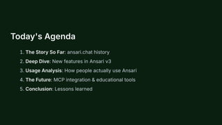 Today's Agenda
1. The Story So Far: ansari.chat history
2. Deep Dive: New features in Ansari v3
3. Usage Analysis: How people actually use Ansari
4. The Future: MCP integration & educational tools
5. Conclusion: Lessons learned
 