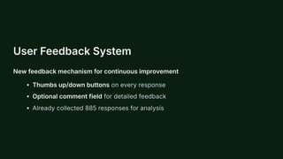 User Feedback System
New feedback mechanism for continuous improvement
Thumbs up/down buttons on every response
Optional comment field for detailed feedback
Already collected 885 responses for analysis
 