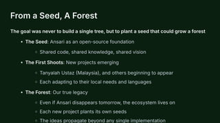 From a Seed, A Forest
The goal was never to build a single tree, but to plant a seed that could grow a forest
The Seed: Ansari as an open-source foundation
Shared code, shared knowledge, shared vision
The First Shoots: New projects emerging
Tanyalah Ustaz (Malaysia), and others beginning to appear
Each adapting to their local needs and languages
The Forest: Our true legacy
Even if Ansari disappears tomorrow, the ecosystem lives on
Each new project plants its own seeds
The ideas propagate beyond any single implementation
 