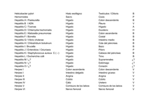 Helicobacter pylori Hiato esofágico Testículos / Clítoris B
Hemorroides Sacro Coxis P
Hepatitis A / Pasteurella Hígado Colon descendente B
Hepatitis B / ADN Hígado Pleura V
Hepatitis C / Toxinas Hígado Hígado A
Hepatitis D / Chlamydia trachomatis Hígado Duodeno H
Hepatitis E / Klebsiella pneumoniae Hígado Colon ascendente B
Hepatitis F / Borrelia Hígado Costal B
Hepatitis G / Vibrio cholerae Hígado Intestino medio B
Hepatitis H / Chlostridium botulinum Hígado Cola del páncreas B
Hepatitis I / Brucella Hígado Bazo B
Hepatitis J / Enterobios / Oxiuriasis Hígado Píloro P
Hepatitis K / Staphylococcus aureus C ( - ) Hígado Cabeza del páncreas B
Hepatitis L / Escherichia colli Hígado Timo B
Hepatitis M / ¿? Hígado Suprarrenales ¿?
Hepatitis N / ¿? Hígado Estómago ¿?
Hepatitis O / ¿? Hígado Corazón ¿?
Herpes I Colon ascendente Colon descendente V
Herpes I Intestino delgado Intestino grueso V
Herpes II Angina Angina V
Herpes III Cúbito Cúbito V
Herpes IV Cáliz Uretero V
Herpes V Comisura de los labios Comisura de los labios V
Herpes VI Nervio femoral Nervio femoral V
 