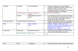 Temporal Temporal Tifo exantemático V Pulgas de perros, gatos y ratas. Migrañas.
Insomnio. Irritabilidad. Nerviosos. Fiebre. Falso
alzheimer. Falso reumatismo. Falsa
salmonellosis. Daños neurológicos. Conf.mental.
Cambios psicológicos y de conducta
Temporal derecho Agresividad extrema
Bonilla
PE Disminuye agresividad
Cardias Enfermedades príonicas
Wang
A Acumulación de residuos de vacunas. Ataca al
SNC. Enfermedades neurodegenerativas. Afecta
la piel y pelo. Falsos sarampiones. Apoya la
producción de CD3, CD4 y CD8
Temporal izquierdo Temporal izquierdo Poliomavirus V Roedores. Neurológico. Insomnio. Desequilibrio.
Mareo y nerviosismo. Apetito. Anemia. Bulimia
Oreja Oreja Pares craneales
Leny
E Olfatorio. Oftálmico. Motor ocular común.
Trigémino. Patético. Motor ocular externo. Facial.
Nervio auditivo. Gloso-faríngeo. Nervio vago.
Hipogloso mayor. Espinal.
Intoxicación. Tics nerviosos. Parálisis facial
Preauricular Preauricular Neocardia americana B Antes de la oreja. Problemas con encías, boca,
oídos, laringe. Inflamación y secreción
Temporo-occipital Gripe aviar V
AP
Oído Oído Toxoplasma P Gatos (pelo, heces, saliva). Destruye estructuras
33
 