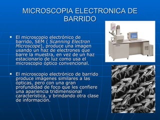 MICROSCOPIA ELECTRONICA DE BARRIDO El microscopio electrónico de barrido, SEM (  Scanning Electron Microscope ), produce una imagen usando un haz de electrones que barre la muestra, en vez de un haz estacionario de luz como usa el microscopio óptico convencional.  El microscopio electrónico de barrido produce imágenes similares a las ópticas, pero con una gran profundidad de foco que les confiere una apariencia tridimensional característica, y brindando otra clase de información.  