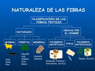 NATURALEZA DE LAS FIBRAS CLASIFICACIÓN DE LAS FIBRAS TEXTILES NATURALES HECHAS POR  EL HOMBRE ANIMAL VEGETAL MINERAL POLÍMEROS SINTÉTICOS OTRAS POLÍMEROS ARTIFICIALES Lana Seda Pelo Algodón Lino Cáñamo Yute Ramio Amianto Asbesto Poliamida, Poliéster, Poliuretano, Acrílica Rayón, Acetato 
