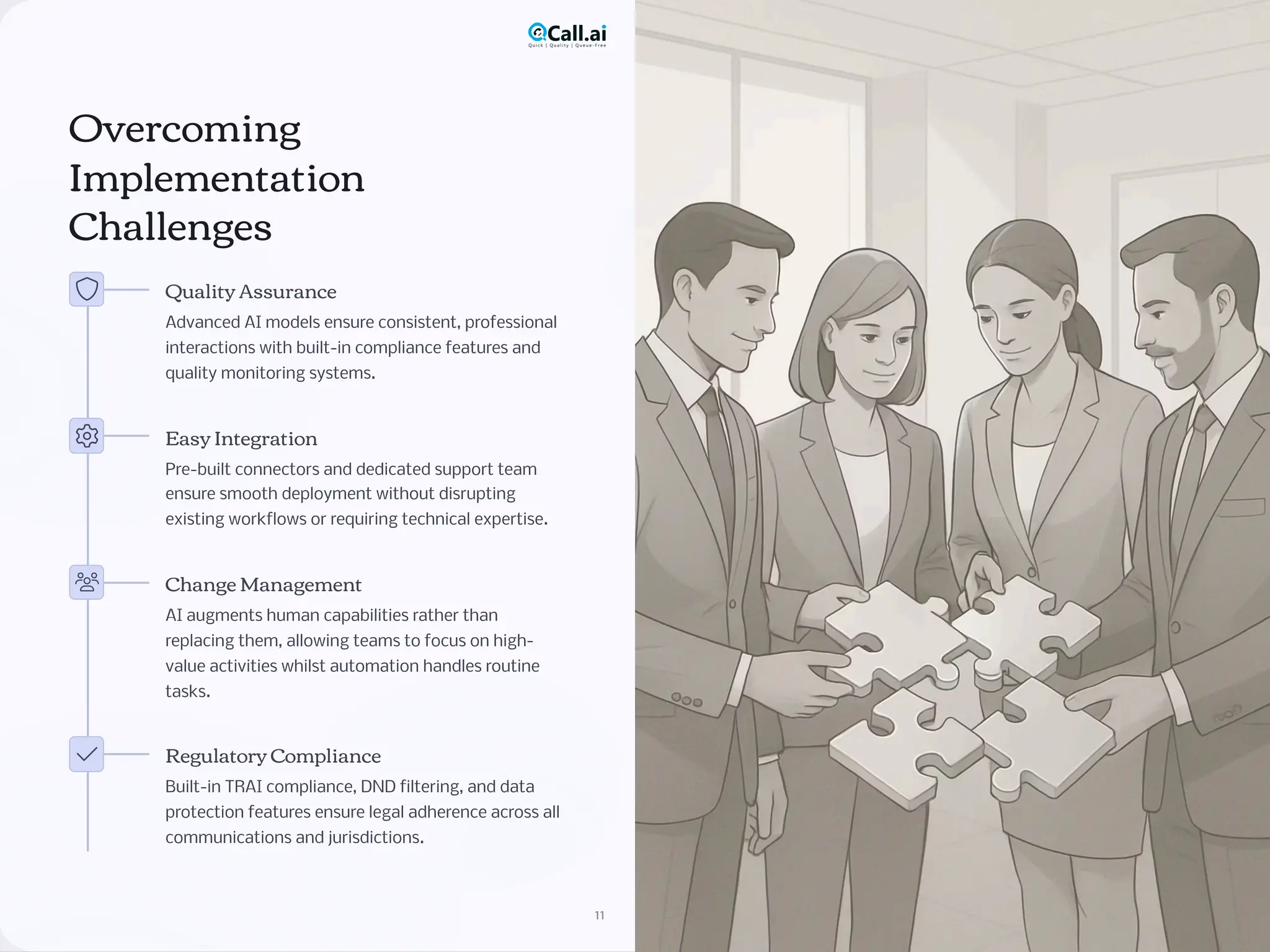 Overcoming
Implementation
Challenges
Quality Assurance
Advanced AI models ensure consistent, professional
interactions with built-in compliance features and
quality monitoring systems.
Easy Integration
Pre-built connectors and dedicated support team
ensure smooth deployment without disrupting
existing workflows or requiring technical expertise.
Change Management
AI augments human capabilities rather than
replacing them, allowing teams to focus on high-
value activities whilst automation handles routine
tasks.
Regulatory Compliance
Built-in TRAI compliance, DND filtering, and data
protection features ensure legal adherence across all
communications and jurisdictions.
11
 