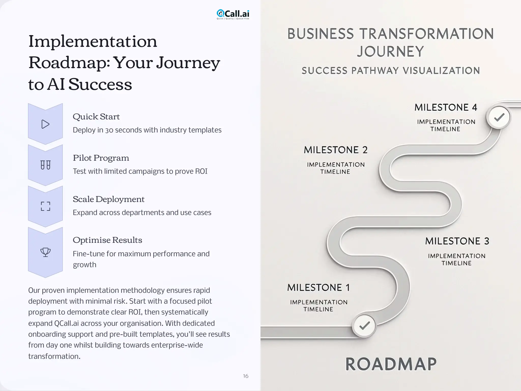 Implementation
Roadmap: Your Journey
to AI Success
Quick Start
Deploy in 30 seconds with industry templates
Pilot Program
Test with limited campaigns to prove ROI
Scale Deployment
Expand across departments and use cases
Optimise Results
Fine-tune for maximum performance and
growth
Our proven implementation methodology ensures rapid
deployment with minimal risk. Start with a focused pilot
program to demonstrate clear ROI, then systematically
expand QCall.ai across your organisation. With dedicated
onboarding support and pre-built templates, you'll see results
from day one whilst building towards enterprise-wide
transformation.
16
 