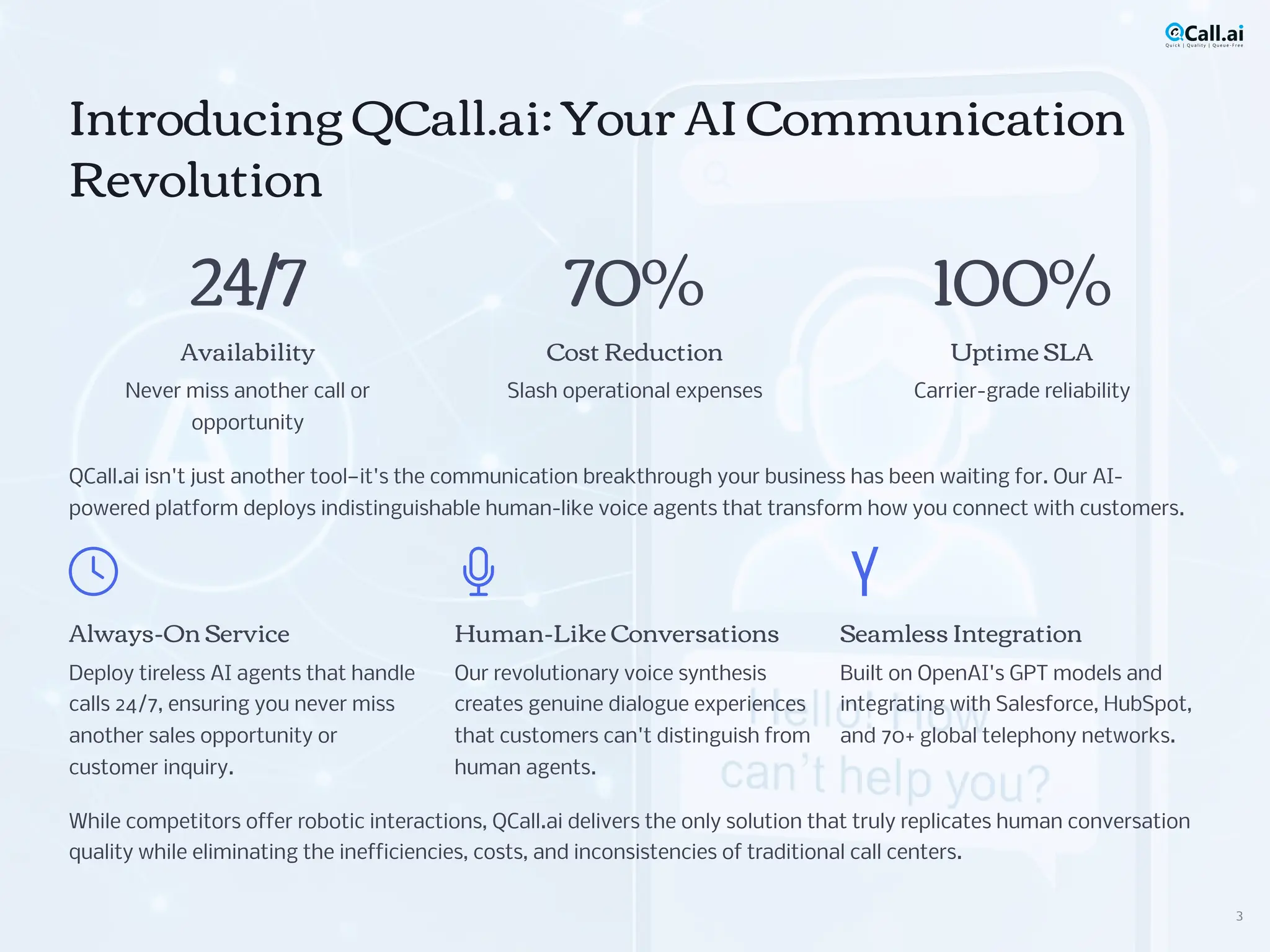 Introducing QCall.ai: Your AI Communication
Revolution
24/7
Availability
Never miss another call or
opportunity
70%
Cost Reduction
Slash operational expenses
100%
Uptime SLA
Carrier-grade reliability
QCall.ai isn't just another tool4it's the communication breakthrough your business has been waiting for. Our AI-
powered platform deploys indistinguishable human-like voice agents that transform how you connect with customers.
Always-On Service
Deploy tireless AI agents that handle
calls 24/7, ensuring you never miss
another sales opportunity or
customer inquiry.
Human-Like Conversations
Our revolutionary voice synthesis
creates genuine dialogue experiences
that customers can't distinguish from
human agents.
Seamless Integration
Built on OpenAI's GPT models and
integrating with Salesforce, HubSpot,
and 70+ global telephony networks.
While competitors offer robotic interactions, QCall.ai delivers the only solution that truly replicates human conversation
quality while eliminating the inefficiencies, costs, and inconsistencies of traditional call centers.
3
 