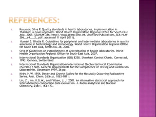 1. Kusum M, Silva P. Quality standards in health laboratories, implementation in
Thailand: a novel approach. World Health Organization Regional Ofﬁce for South-East
Asia, 2005, SEAHLM-386 (http://www.searo.who.int/LinkFiles/Publications_SEA-HLM-
386__a4___2_.pdf, accessed 11 April 2011).
2. Kumari S, Bhatia R. Guidelines for peripheral and intermediate laboratories in quality
assurance in bacteriology and immunology. World Health Organization Regional Ofﬁce
for South-East Asia, Series No. 28, 2003.
3. Silva P. Guidelines on establishment of accreditation of health laboratories. World
Health Organization Regional Ofﬁce for South-East Asia, 2007.
4. International Standards Organization (ISO) 8258. Shewhart Control Charts. Corrected,
1993, Geneva, Switzerland.
5. International Standards Organization/International Electro technical Commission
(ISO/IEC) 17025. General Requirements for the Competence of Testing and Calibration
Laboratories. December 1999, 26 pp.
6. Kirby, H.W. 1954. Decay and Growth Tables for the Naturally Occurring Radioactive
Series. Anal. Chem. 26:6, p. 1063-1071.
7. Lin, Z., Inn, K.G.W., and Fiilben, J. J. 2001. An alternative statistical approach for
interlaboratory comparison data evaluation. J. Radio analytical and Nuclear
Chemistry, 248:1, 163-173.
 