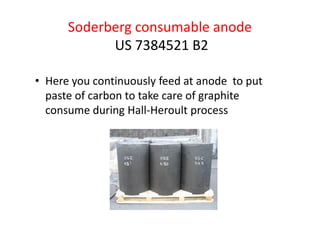 Soderberg consumable anode
US 7384521 B2
• Here you continuously feed at anode to put
paste of carbon to take care of graphite
consume during Hall-Heroult processconsume during Hall-Heroult process
 