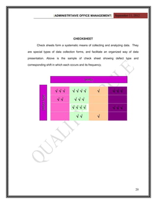 [ADMINISTRTAIVE OFFICE MANAGEMENT] September 11, 2012




                                    CHECKSHEET

       Check sheets form a systematic means of collecting and analyzing data. They

are special types of data collection forms, and facilitate an organized way of data

presentation. Above is the sample of check sheet showing defect type and

corresponding shift in which each occurs and its frequency.




                                                                                20
 