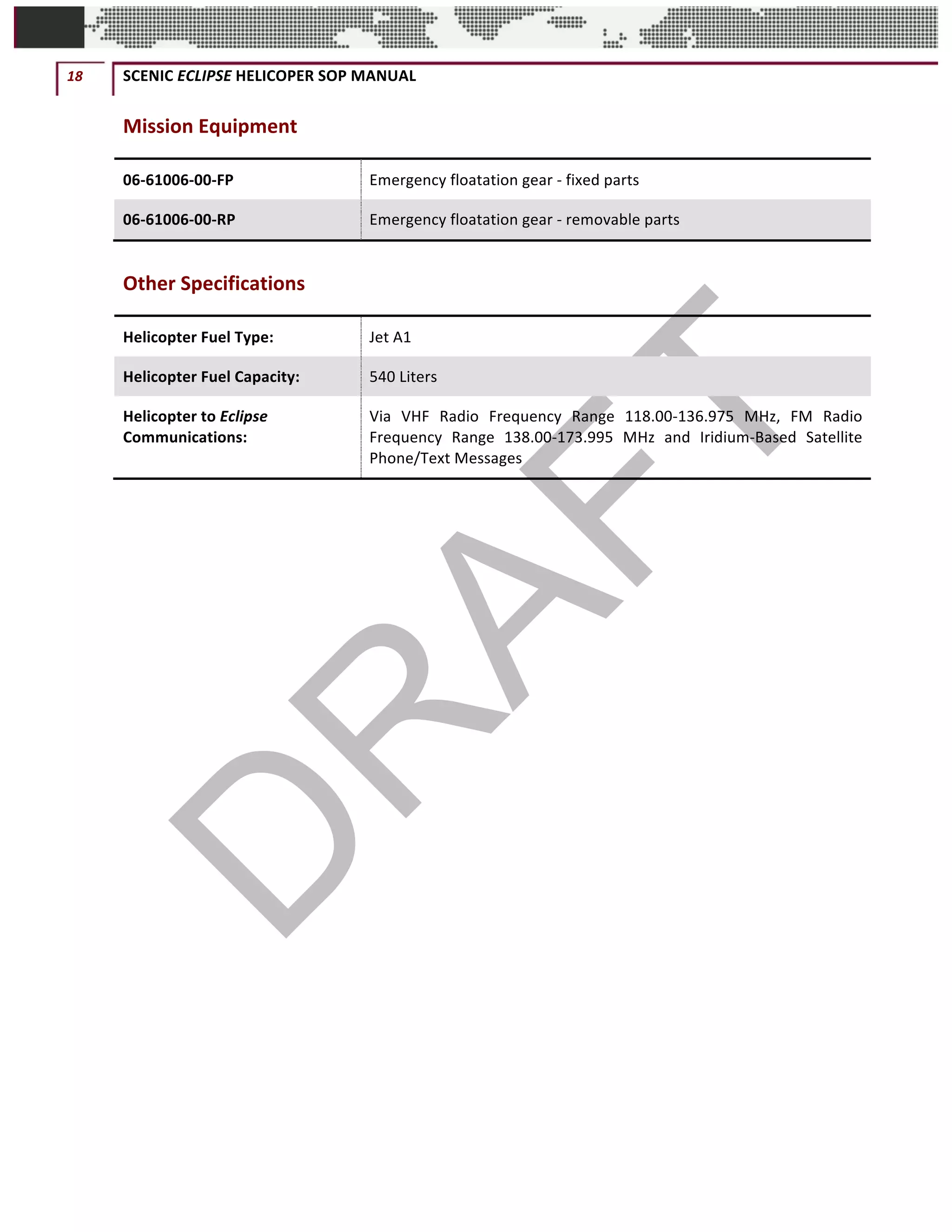 18	 SCENIC	ECLIPSE	HELICOPER	SOP	MANUAL		
©		QC	AVIATION	
Mission	Equipment	
06-61006-00-FP	 Emergency	floatation	gear	-	fixed	parts	
06-61006-00-RP	 Emergency	floatation	gear	-	removable	parts	
Other	Specifications	
Helicopter	Fuel	Type:	 Jet	A1	
Helicopter	Fuel	Capacity:	 540	Liters	
Helicopter	to	Eclipse	
Communications:	
Via	 VHF	 Radio	 Frequency	 Range	 118.00-136.975	 MHz,	 FM	 Radio	
Frequency	 Range	 138.00-173.995	 MHz	 and	 Iridium-Based	 Satellite	
Phone/Text	Messages	
 