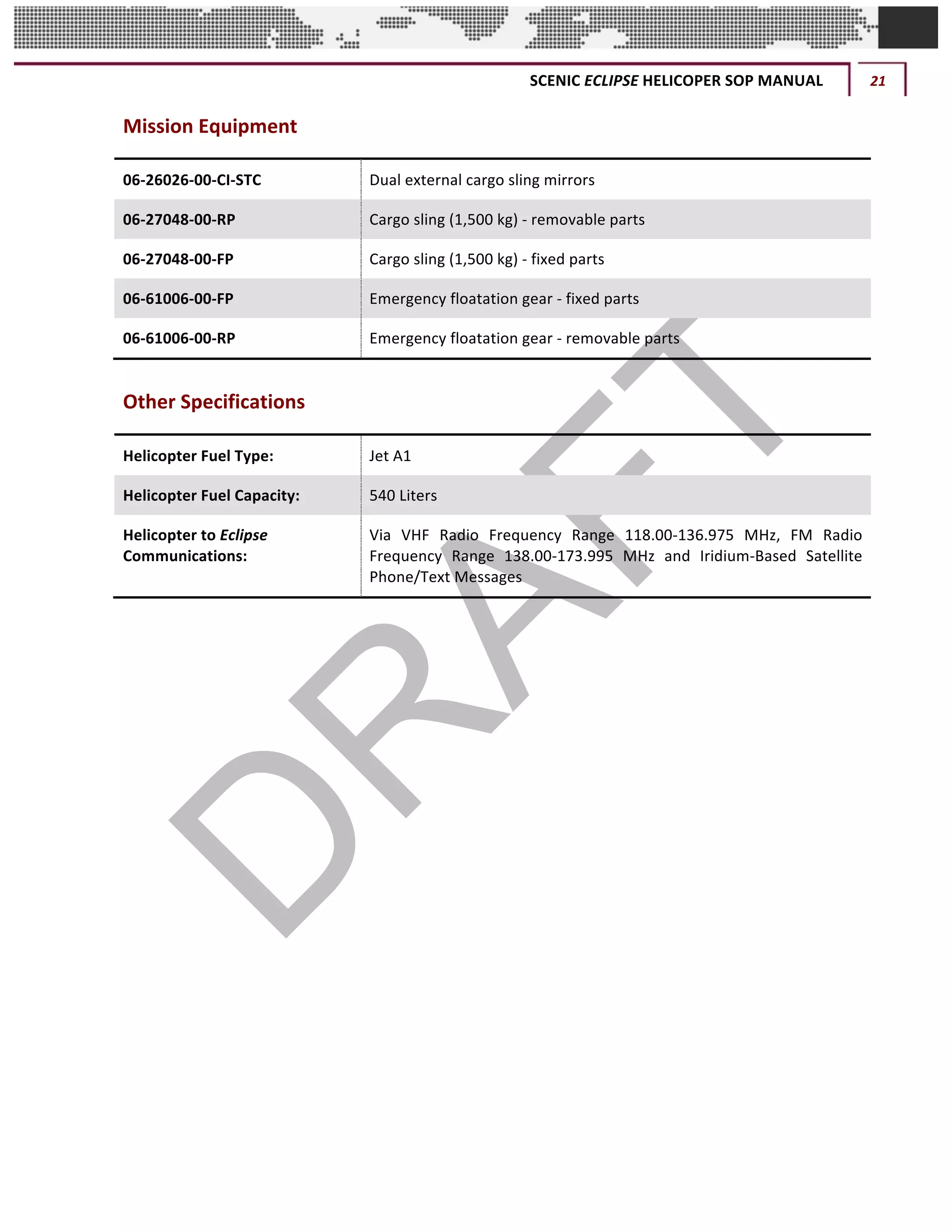 SCENIC	ECLIPSE	HELICOPER	SOP	MANUAL	 21	
©		QC	AVIATION	
Mission	Equipment	
06-26026-00-CI-STC	 Dual	external	cargo	sling	mirrors	
06-27048-00-RP	 Cargo	sling	(1,500	kg)	-	removable	parts	
06-27048-00-FP	 Cargo	sling	(1,500	kg)	-	fixed	parts	
06-61006-00-FP	 Emergency	floatation	gear	-	fixed	parts	
06-61006-00-RP	 Emergency	floatation	gear	-	removable	parts	
Other	Specifications	
Helicopter	Fuel	Type:	 Jet	A1	
Helicopter	Fuel	Capacity:	 540	Liters	
Helicopter	to	Eclipse	
Communications:	
Via	 VHF	 Radio	 Frequency	 Range	 118.00-136.975	 MHz,	 FM	 Radio	
Frequency	 Range	 138.00-173.995	 MHz	 and	 Iridium-Based	 Satellite	
Phone/Text	Messages	
 