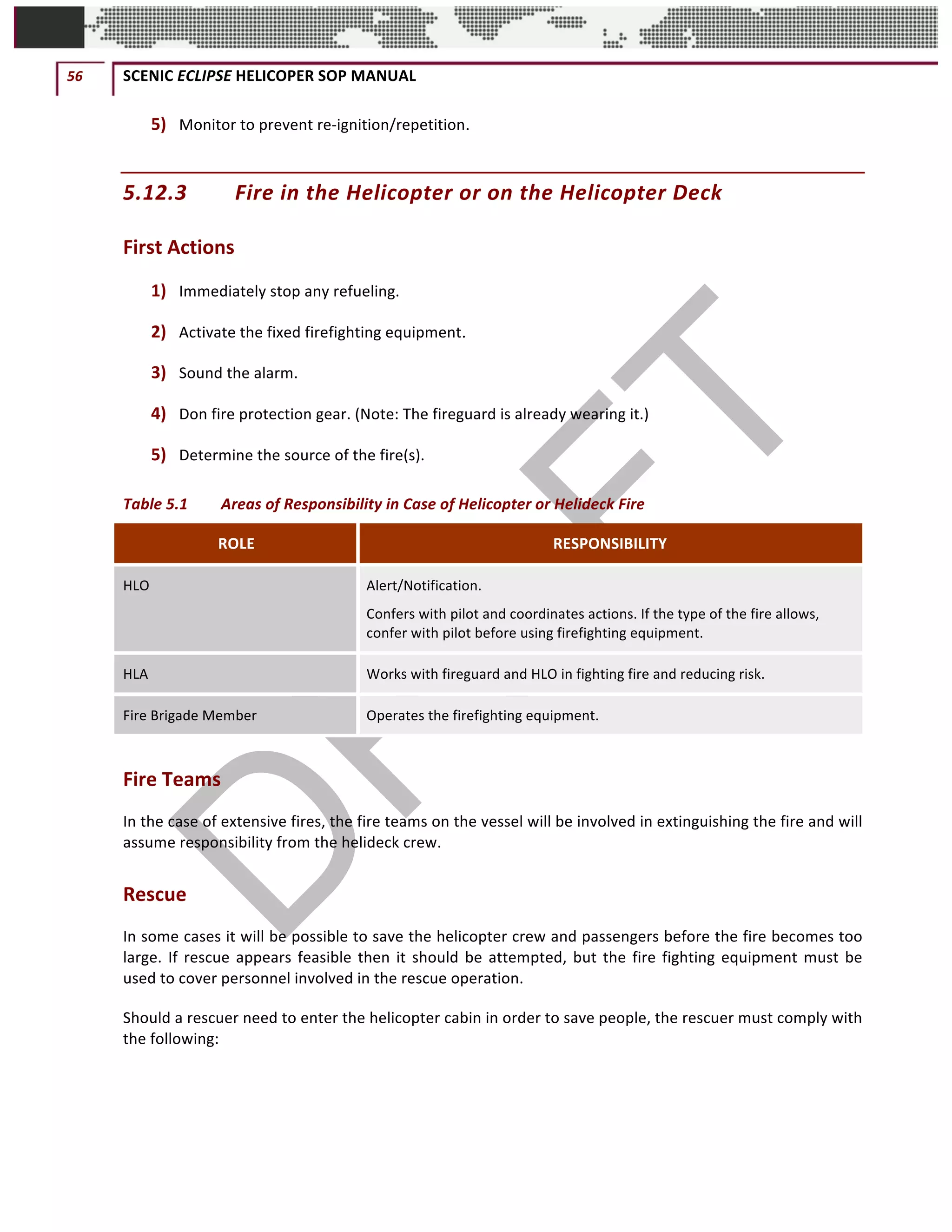 56	 SCENIC	ECLIPSE	HELICOPER	SOP	MANUAL		
©		QC	AVIATION	
5) Monitor	to	prevent	re-ignition/repetition.
5.12.3 Fire	in	the	Helicopter	or	on	the	Helicopter	Deck	
First	Actions
1) Immediately	stop	any	refueling.	
2) Activate	the	fixed	firefighting	equipment.
3) Sound	the	alarm.	
4) Don	fire	protection	gear.	(Note:	The	fireguard	is	already	wearing	it.)	
5) Determine	the	source	of	the	fire(s).	
Table	5.1	 Areas	of	Responsibility	in	Case	of	Helicopter	or	Helideck	Fire	
ROLE	 RESPONSIBILITY	
HLO	 Alert/Notification.		
Confers	with	pilot	and	coordinates	actions.	If	the	type	of	the	fire	allows,	
confer	with	pilot	before	using	firefighting	equipment.	
HLA	 Works	with	fireguard	and	HLO	in	fighting	fire	and	reducing	risk.
Fire	Brigade	Member	 Operates	the	firefighting	equipment.	
Fire	Teams	
In	the	case	of	extensive	fires,	the	fire	teams	on	the	vessel	will	be	involved	in	extinguishing	the	fire	and	will	
assume	responsibility	from	the	helideck	crew.	
Rescue	
In	some	cases	it	will	be	possible	to	save	the	helicopter	crew	and	passengers	before	the	fire	becomes	too	
large.	If	rescue	appears	feasible	then	it	should	be	attempted,	but	the	fire	fighting	equipment	must	be	
used	to	cover	personnel	involved	in	the	rescue	operation.	
Should	a	rescuer	need	to	enter	the	helicopter	cabin	in	order	to	save	people,	the	rescuer	must	comply	with	
the	following:	
 