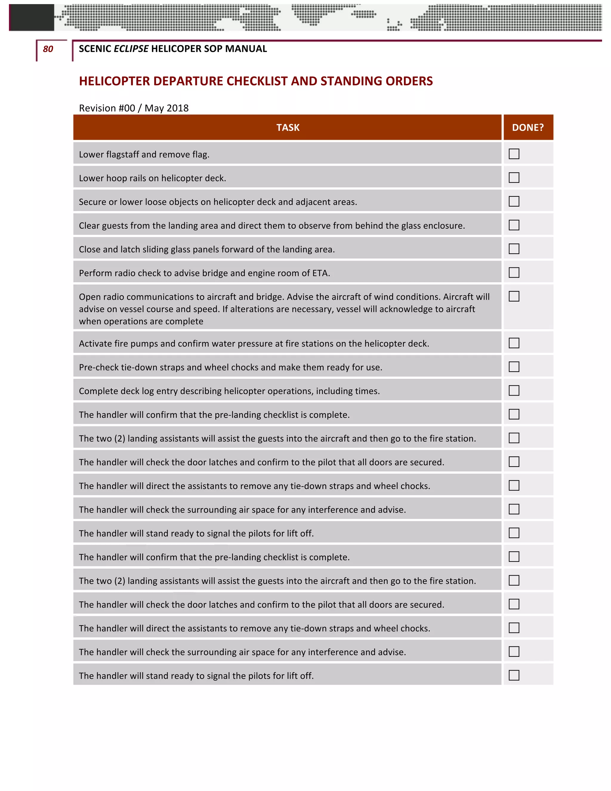 80	 SCENIC	ECLIPSE	HELICOPER	SOP	MANUAL		
©		QC	AVIATION	
HELICOPTER	DEPARTURE	CHECKLIST	AND	STANDING	ORDERS	
Revision	#00	/	May	2018	
TASK	 DONE?	
Lower	flagstaff	and	remove	flag. 	
Lower	hoop	rails	on	helicopter	deck. 	
Secure	or	lower	loose	objects	on	helicopter	deck	and	adjacent	areas.		 	
Clear	guests	from	the	landing	area	and	direct	them	to	observe	from	behind	the	glass	enclosure.		 	
Close	and	latch	sliding	glass	panels	forward	of	the	landing	area. 	
Perform	radio	check	to	advise	bridge	and	engine	room	of	ETA. 	
Open	radio	communications	to	aircraft	and	bridge.	Advise	the	aircraft	of	wind	conditions.	Aircraft	will	
advise	on	vessel	course	and	speed.	If	alterations	are	necessary,	vessel	will	acknowledge	to	aircraft	
when	operations	are	complete		
	
Activate	fire	pumps	and	confirm	water	pressure	at	fire	stations	on	the	helicopter	deck.		 	
Pre-check	tie-down	straps	and	wheel	chocks	and	make	them	ready	for	use. 	
Complete	deck	log	entry	describing	helicopter	operations,	including	times.	 	
The	handler	will	confirm	that	the	pre-landing	checklist	is	complete.	 	
The	two	(2)	landing	assistants	will	assist	the	guests	into	the	aircraft	and	then	go	to	the	fire	station.	 	
The	handler	will	check	the	door	latches	and	confirm	to	the	pilot	that	all	doors	are	secured.	 	
The	handler	will	direct	the	assistants	to	remove	any	tie-down	straps	and	wheel	chocks.	 	
The	handler	will	check	the	surrounding	air	space	for	any	interference	and	advise.	 	
The	handler	will	stand	ready	to	signal	the	pilots	for	lift	off.	 	
The	handler	will	confirm	that	the	pre-landing	checklist	is	complete.	 	
The	two	(2)	landing	assistants	will	assist	the	guests	into	the	aircraft	and	then	go	to	the	fire	station.	 	
The	handler	will	check	the	door	latches	and	confirm	to	the	pilot	that	all	doors	are	secured.	 	
The	handler	will	direct	the	assistants	to	remove	any	tie-down	straps	and	wheel	chocks.	 	
The	handler	will	check	the	surrounding	air	space	for	any	interference	and	advise.	 	
The	handler	will	stand	ready	to	signal	the	pilots	for	lift	off.	 	
	 	
 
