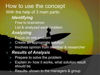 Roles and ResponsibilitiesFacilitator acts as a catalyst, innovator, promoter and teacher and is nominated by the management. His Roles are as follows:Communicating with all levels of management and obtaining their support;Facilitating the training of QC leaders and members;Maintaining an open and supportive environment;Ensureobjectivity in the activities of QC;As a mediator in problem solving;As a resourceperson to the circle;Evaluating the cost and benefits of the QC program and reporting it to the management