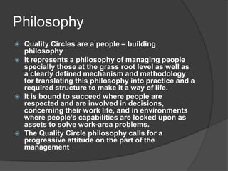 PhilosophyQuality Circles are a people – building philosophy It represents a philosophy of managing people specially those at the grass root level as well as a clearly defined mechanism and methodology for translating this philosophy into practice and a required structure to make it a way of life.It is bound to succeed where people are respected and are involved in decisions, concerning their work life, and in environments where people’s capabilities are looked upon as assets to solve work-area problems.The Quality Circle philosophy calls for a progressive attitude on the part of the management
