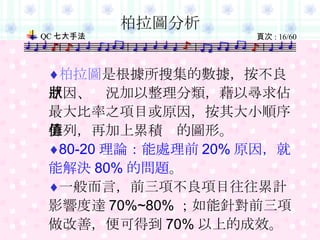 　 柏拉圖分析 柏拉圖 是根據所搜集的數據，按不良原因、狀況加以整理分類，藉以尋求佔最大比率之項目或原因，按其大小順序排列，再加上累積值的圖形。 80-20 理論：能處理前 20% 原因，就能解決 80% 的問題 。 一般而言，前三項不良項目往往累計影響度達 70%~80% ；如能針對前三項做改善，便可得到 70% 以上的成效。 