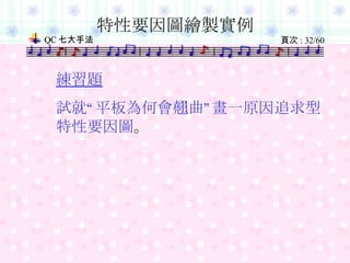 練習題 試就“平板為何會翹曲”畫一原因追求型特性要因圖 。 　　 特性要因圖繪製實例 