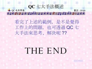 THE END 看完了上述的範例，是不是覺得工作上的問題，也可透過 QC 七大手法來思考、解決呢 ?? QC 七大手法概述 HOME 