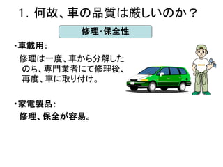１．何故、車の品質は厳しいのか？
        修理・保全性
・車載用：
 修理は一度、車から分解した
 のち、専門業者にて修理後、
 再度、車に取り付け。

・家電製品：
 修理、保全が容易。
 