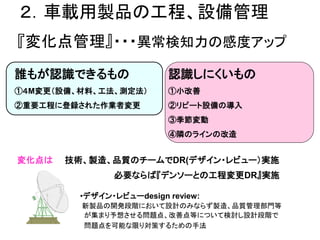 ２．車載用製品の工程、設備管理
『変化点管理』・・・異常検知力の感度アップ
誰もが認識できるもの                認識しにくいもの
①４M変更（設備、材料、工法、測定法）       ①小改善
②重要工程に登録された作業者変更          ②リピート設備の導入
                          ③季節変動
                          ④隣のラインの改造


変化点は   技術、製造、品質のチームでDR(デザイン・レビュー）実施
               必要ならば『デンソーとの工程変更DR』実施

         •デザイン・レビューdesign review:
         新製品の開発段階において設計のみならず製造、品質管理部門等
         が集まり予想させる問題点、改善点等について検討し設計段階で
         問題点を可能な限り対策するための手法
 