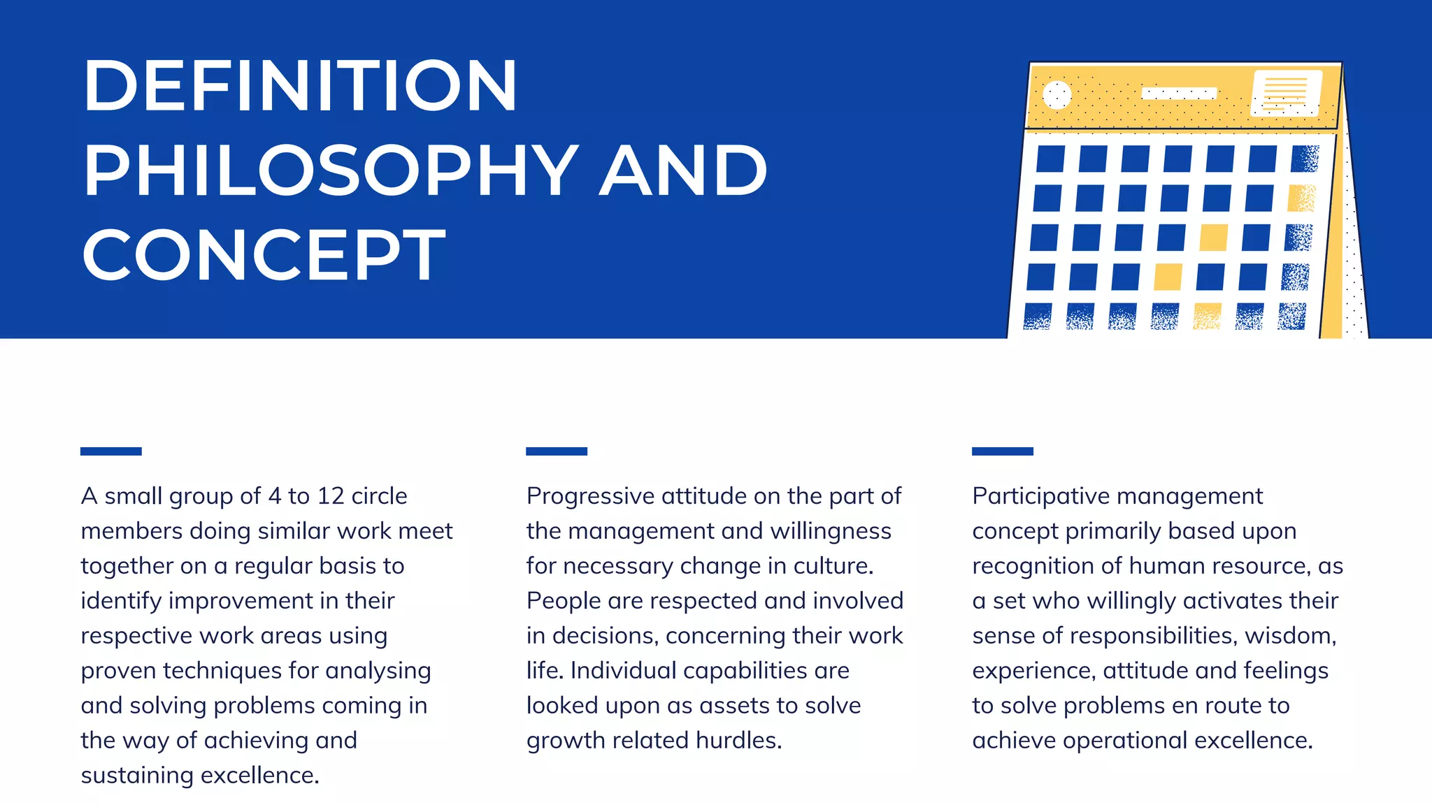 A small group of 4 to 12 circle
members doing similar work meet
together on a regular basis to
identify improvement in their
respective work areas using
proven techniques for analysing
and solving problems coming in
the way of achieving and
sustaining excellence.
Progressive attitude on the part of
the management and willingness
for necessary change in culture.
People are respected and involved
in decisions, concerning their work
life. Individual capabilities are
looked upon as assets to solve
growth related hurdles.
Participative management
concept primarily based upon
recognition of human resource, as
a set who willingly activates their
sense of responsibilities, wisdom,
experience, attitude and feelings
to solve problems en route to
achieve operational excellence.
DEFINITION
PHILOSOPHY AND
CONCEPT
 