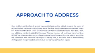 APPROACH TO ADDRESS
Once problem are identified, it is most important to keep positive attitude towards the source of
problem. Next is stepladder brainstorming within the circle. Everyone leaves the conference except
two members of the team. These two members will then discuss the topic and their ideas. Then,
one additional member is added to the group. This new member will contribute his or her ideas
BEFORE the other two discuss theirs. Repeat this cycle until everyone from the original group is in
the conference. The stepladder technique is actually one of the more mature brainstorming
strategies as it incorporates both an individual and a group participation aspect.
 