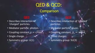 QED & QCD:
Comparison
QED
• Describes interaction of
‘charged’ particles.
• Mediator particle: photon.
• Coupling constant,𝑔 = 4πα
• Single charge.
• Symmetry group: U(1).
QCD
• Describes interaction of ‘colored’
particles.
• Mediator particle: gluon.
• Coupling constant, 𝑔 𝑠 = 4𝜋𝛼 𝑠
• Three charges.
• Symmetry group: SU(3)
 