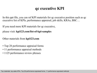qc executive KPI 
In this ppt file, you can ref KPI materials for qc executive position such as qc 
executive list of KPIs, performance appraisal, job skills, KRAs, BSC… 
If you need more KPI materials for qc executive, 
please visit: kpi123.com/list-of-kpi-samples 
Other materials from kpi123.com 
• Top 28 performance appraisal forms 
• 11 performance appraisal methods 
• 1125 performance review phrases 
Top materials: top sales KPIs, Top 28 performance appraisal forms, 11 performance appraisal methods 
Interview questions and answers – free download/ pdf and ppt file 
 