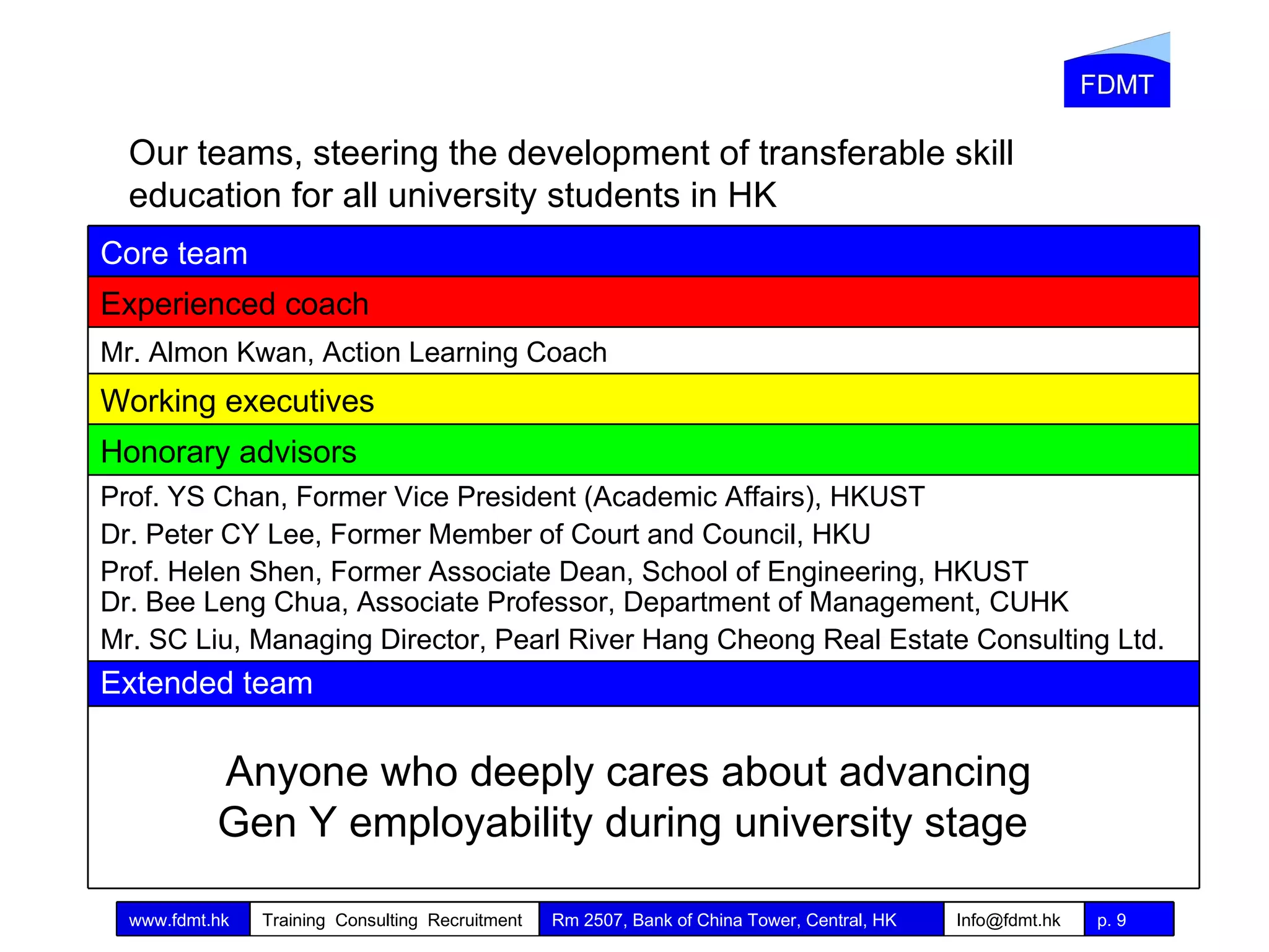 Our teams,  steering the development of transferable skill education for all university students in HK Anyone who deeply cares about advancing  Gen Y employability during university stage  Extended team Prof. YS Chan, Former Vice President (Academic Affairs), HKUST Dr. Peter CY Lee, Former Member of Court and Council, HKU Prof. Helen Shen, Former Associate Dean, School of Engineering, HKUST Dr. Bee Leng Chua, Associate Professor, Department of Management, CUHK Mr. SC Liu, Managing Director, Pearl River Hang Cheong Real Estate Consulting Ltd. Mr. Almon Kwan, Action Learning Coach Core team Experienced coach Working executives Honorary advisors 