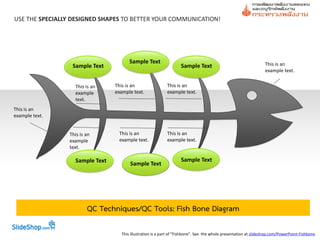 USE THE SPECIALLY DESIGNED SHAPES TO BETTER YOUR COMMUNICATION!




                                      Sample Text                                                               This is an
                 Sample Text                                      Sample Text
                                                                                                                example text.


                  This is an    This is an                This is an
                  example       example text.             example text.
                  text.
This is an
example text.


                This is an       This is an               This is an
                example          example text.            example text.
                text.

                  Sample Text                                     Sample Text
                                      Sample Text




                        QC Techniques/QC Tools: Fish Bone Diagram

                                  This illustration is a part of ”Fishbone”. See the whole presentation at slideshop.com/PowerPoint-Fishbone
 