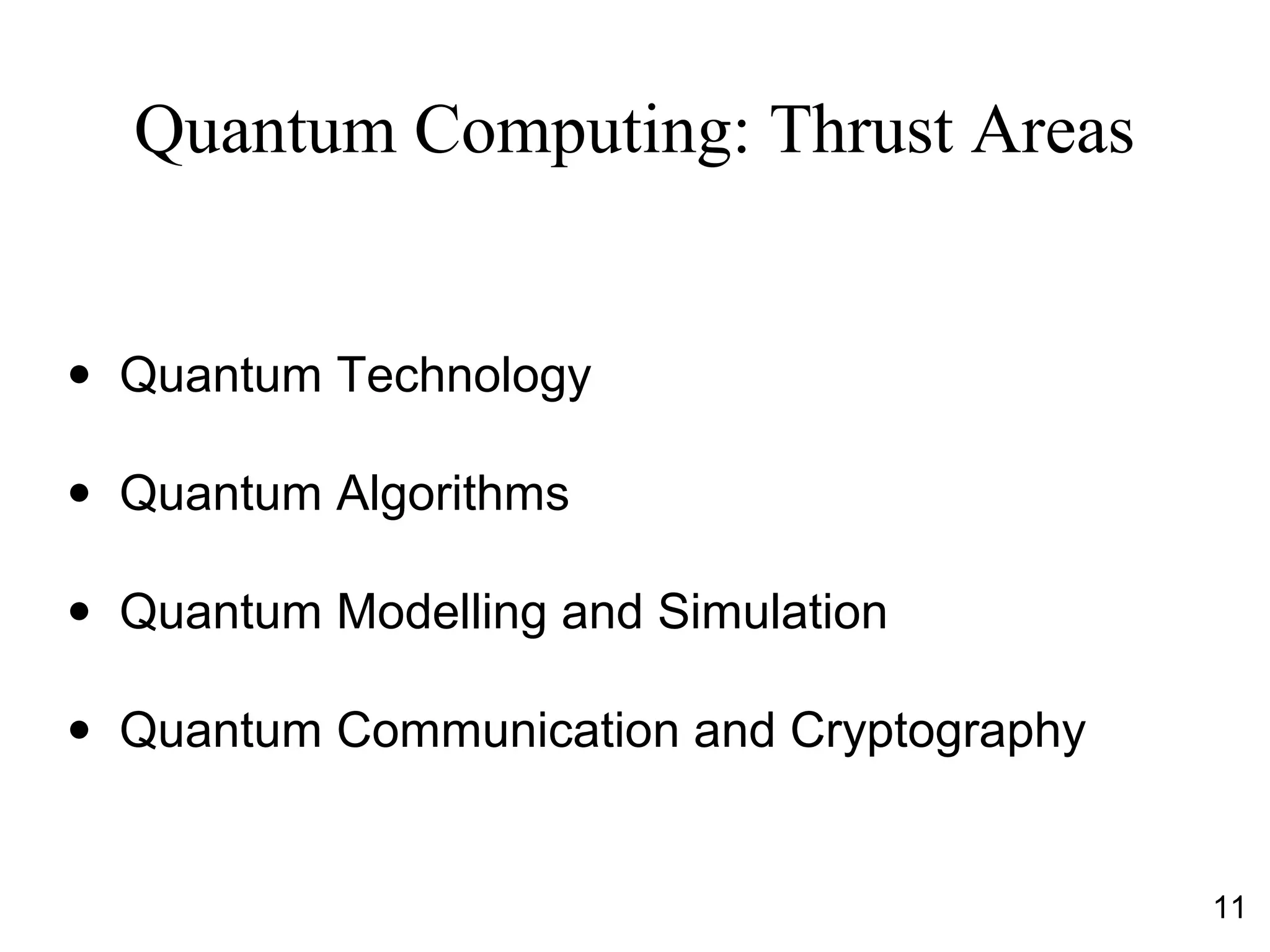 Quantum Computing: Thrust Areas
● Quantum Technology
● Quantum Algorithms
● Quantum Modelling and Simulation
● Quantum Communication and Cryptography
11
 