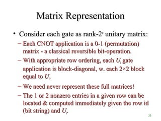 33
Matrix RepresentationMatrix Representation
• Consider each gate as rank-2Consider each gate as rank-2nn
unitary matrix:unitary matrix:
– Each CNOT application is a 0-1 (permutation)Each CNOT application is a 0-1 (permutation)
matrix - a classical reversible bit-operation.matrix - a classical reversible bit-operation.
– With appropriate row ordering, eachWith appropriate row ordering, each UUii gategate
application is block-diagonal, w. each 2×2 blockapplication is block-diagonal, w. each 2×2 block
equal toequal to UUii..
– We need never represent these full matrices!We need never represent these full matrices!
– The 1 or 2 nonzero entries in a given row can beThe 1 or 2 nonzero entries in a given row can be
located & computed immediately given the row idlocated & computed immediately given the row id
(bit string) and(bit string) and UUii..
 