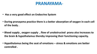 PRANAYAMA-
• Has a very good effect on Endocrine System
• During pranayama practice there is a better absorption of oxygen in each cell
of the body .
• Blood supply , oxygen supply , flow of unobstructed prana also increases to
the brain & hypothalamus thereby improving their functioning capacity.
• Hypothalamus being the seat of emotions – stress & emotions are better
controlled .
 