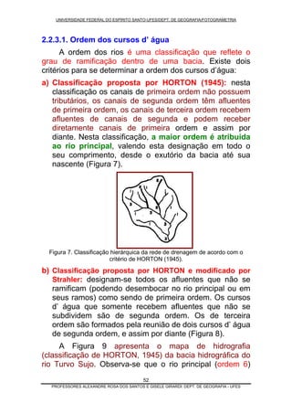 UNIVERSIDADE FEDERAL DO ESPÍRITO SANTO-UFES/DEPT. DE GEOGRAFIA/FOTOGRAMETRIA
2.2.3.1. Ordem dos cursos d’ água
A ordem dos rios é uma classificação que reflete o
grau de ramificação dentro de uma bacia. Existe dois
critérios para se determinar a ordem dos cursos d’água:
a) Classificação proposta por HORTON (1945): nesta
classificação os canais de primeira ordem não possuem
tributários, os canais de segunda ordem têm afluentes
de primeira ordem, os canais de terceira ordem recebem
afluentes de canais de segunda e podem receber
diretamente canais de primeira ordem e assim por
diante. Nesta classificação, a maior ordem é atribuída
ao rio principal, valendo esta designação em todo o
seu comprimento, desde o exutório da bacia até sua
nascente (Figura 7).
Figura 7. Classificação hierárquica da rede de drenagem de acordo com o
critério de HORTON (1945).
b) Classificação proposta por HORTON e modificado por
Strahler: designam-se todos os afluentes que não se
ramificam (podendo desembocar no rio principal ou em
seus ramos) como sendo de primeira ordem. Os cursos
d’ água que somente recebem afluentes que não se
subdividem são de segunda ordem. Os de terceira
ordem são formados pela reunião de dois cursos d’ água
de segunda ordem, e assim por diante (Figura 8).
A Figura 9 apresenta o mapa de hidrografia
(classificação de HORTON, 1945) da bacia hidrográfica do
rio Turvo Sujo. Observa-se que o rio principal (ordem 6)
PROFESSORES ALEXANDRE ROSA DOS SANTOS E GISELE GIRARDI: DEPT. DE GEOGRAFIA - UFES
52
 