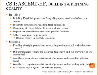 CS 1: ASCEND-HF, BUILDING & DEFINING
QUALITY
   Building
       Building Establish principles for quality operations/data before trial
        begins
       Integrate principles throughout trial operations
       Communicate expectations to sites and trial teams
       Implement surveillance plans and provide feedback
       Adhere to pragmatic principles
           Efficient, effective (& hopefully economical)
   Defining
       Enrolled the right participants according to the protocol with adequate
        consent?
       Did participants receive the assigned treatment and did they stay on the
        treatment?
       Was there complete ascertainment of primary and secondary efficacy
        data?
       Was there complete ascertainment of primary and secondary safety data?
                                                                                23
       Were there any major GCP related issues?
                                         Source: Hernandez and Reist (2011), CTTI Workshop Presentation
 