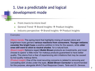 1. Use a predictable and logical
  development mode

       From macro to micro level
       General Trend  Brand Insights  Product Insights
       Industry perspective  Brand Insights  Product Insights
Examples:

(Macro trends) The spring trend that highlights mixing of neutral colors and
bright/neon hues garners various reactions from consumers. Younger netizens
consider the bright hues a positive addition in time for the season, while older
ones still want to stick to neutral shades for a natural look.
(Brand insight) Netizens regard Bobbi Brown products as investments, and most
choose to spend “a little more” for makeup products guaranteed to have better
quality. This stems from a fear of experiencing skin irritations that may be caused
by low-quality makeup items.
(Product insight) One of the most recurring concerns is related to removing and
concealing dark circles under the eyes. Bobbi Brown Corrector is recommended
for this purpose, alongside M•A•C Fast Response Cream, Tarte and Dr. Denese.
                                                                                      7
 