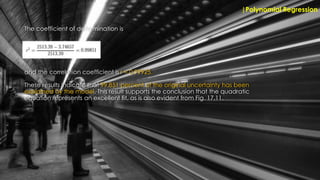 The coefficient of determination is
|Polynomial Regression
and the correlation coefficient is r = 0.99925.
These results indicate that 99.851 percent of the original uncertainty has been
explained by the model. This result supports the conclusion that the quadratic
equation represents an excellent fit, as is also evident from Fig. 17.11.
 