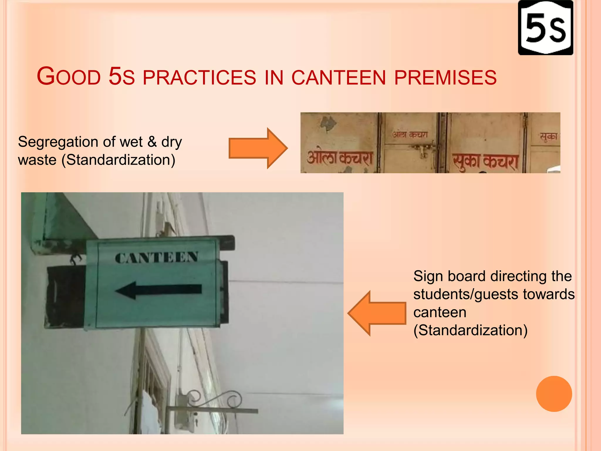 GOOD 5S PRACTICES IN CANTEEN PREMISES
Segregation of wet & dry
waste (Standardization)
Sign board directing the
students/guests towards
canteen
(Standardization)
 