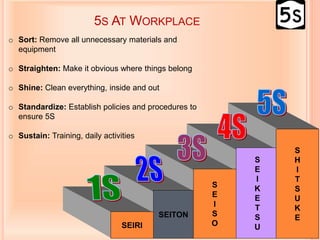 SEIRI
SEITON
S
E
I
S
O
S
E
I
K
E
T
S
U
S
H
I
T
S
U
K
E
5S AT WORKPLACE
o Sort: Remove all unnecessary materials and
equipment
o Straighten: Make it obvious where things belong
o Shine: Clean everything, inside and out
o Standardize: Establish policies and procedures to
ensure 5S
o Sustain: Training, daily activities
 
