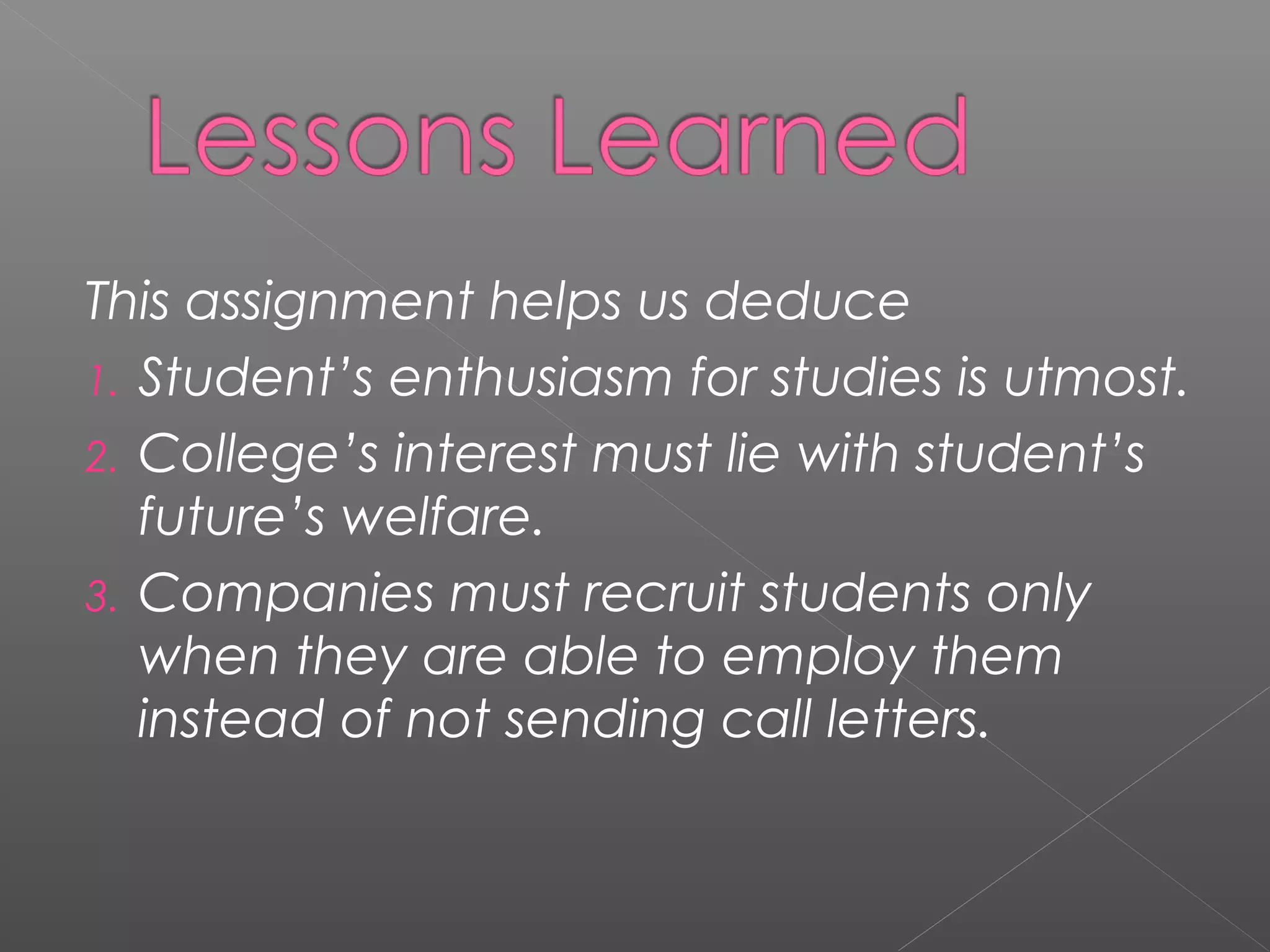 This assignment helps us deduce
1. Student’s enthusiasm for studies is utmost.
2. College’s interest must lie with student’s
future’s welfare.
3. Companies must recruit students only
when they are able to employ them
instead of not sending call letters.
 