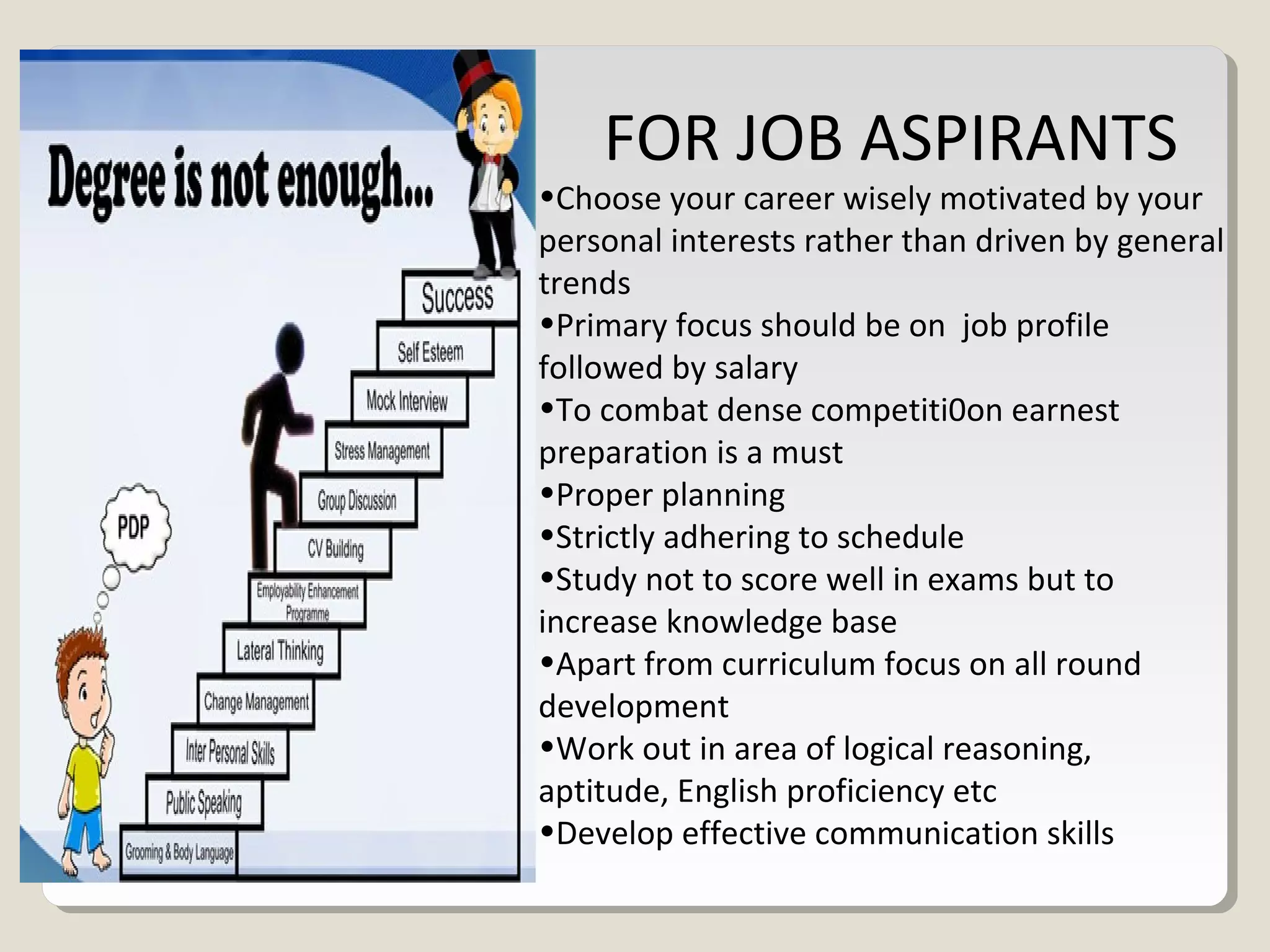 FOR JOB ASPIRANTS
•Choose your career wisely motivated by your
personal interests rather than driven by general
trends
•Primary focus should be on job profile
followed by salary
•To combat dense competiti0on earnest
preparation is a must
•Proper planning
•Strictly adhering to schedule
•Study not to score well in exams but to
increase knowledge base
•Apart from curriculum focus on all round
development
•Work out in area of logical reasoning,
aptitude, English proficiency etc
•Develop effective communication skills
 